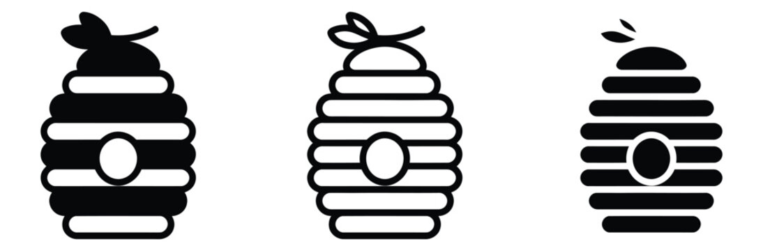 Beehive with leaves icon set. Wild honey bee hive symbol, natural beekeeping apiary, organic sweet food production, and nature wildlife environment vector illustration.