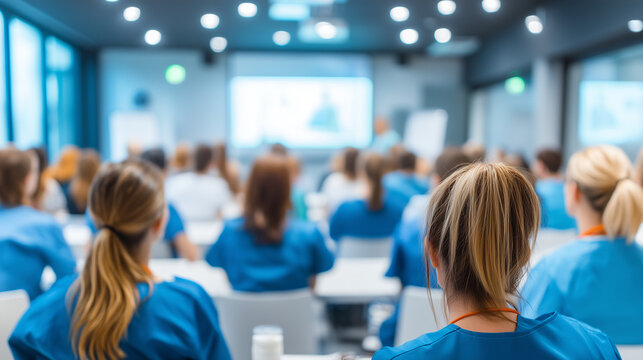 Healthcare professionals attending a medical conference or training seminar in a modern lecture hall. Continuing medical education, professional development and healthcare collaboration.