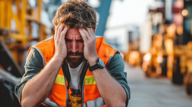 Construction worker experiencing headache and heat exhaustion at job site. Occupational health, workplace fatigue, dehydration, worker safety and industrial wellness concept.