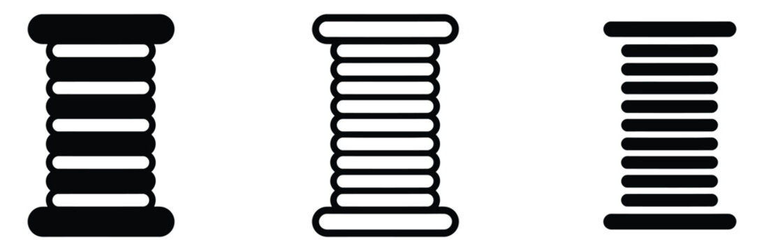 Sewing thread spool icon set. Tailor needlework bobbin yarn, textile garment clothing manufacture, fashion sewing craft accessory, and embroidery filament vector illustration.