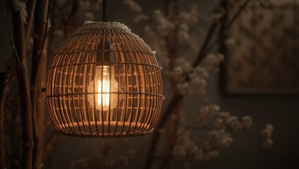 Obraz premium warm glow from light bulb inside snowy bamboo lampshade