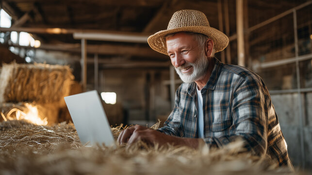 Smiling senior farmer using laptop inside rustic barn. Smart farming, digital agriculture, rural business, technology and modern farm management concept.
