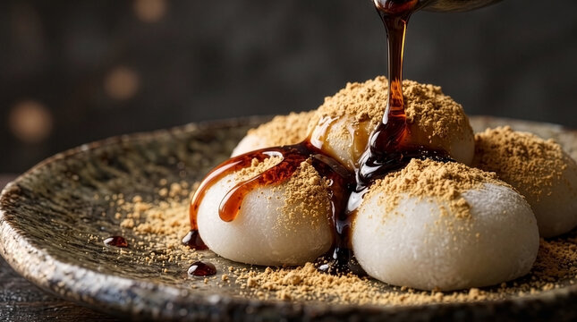 Wabi-Sabi Zen Gastronomy: Pouring Glossy Kuromitsu Syrup Over Kinako Mochi on Rustic Ceramic