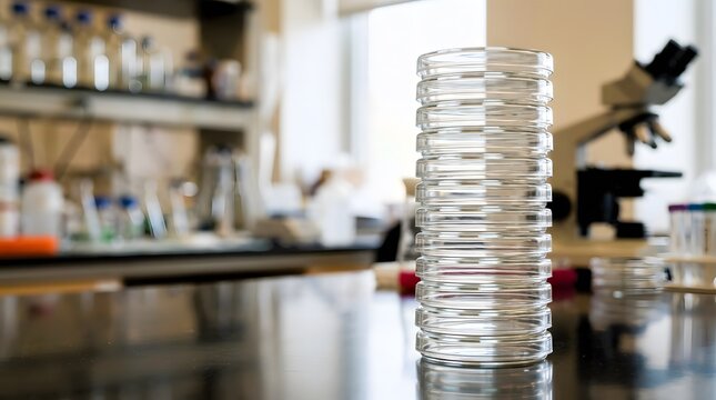 stacked transparent petri dishes prepared for sterile microbiology culture testing and laboratory research with spacious scientific workspace