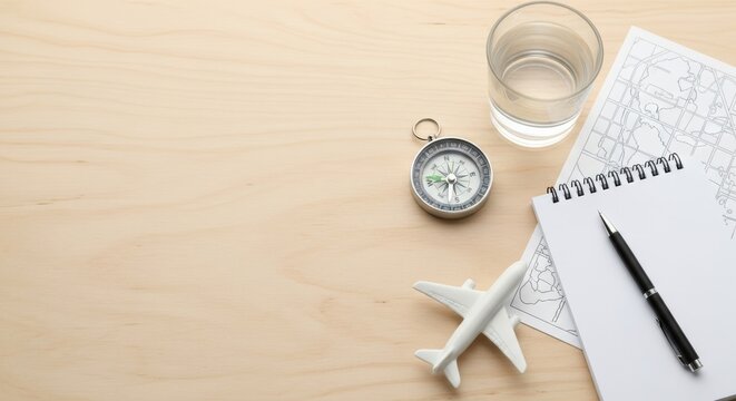 Dramatic adventure gear with military compass and cargo plane on dark cherry wood