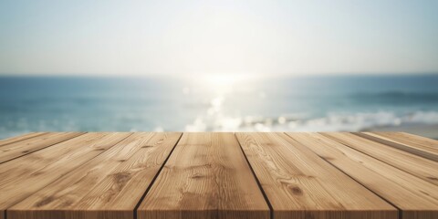 Fototapeta premium Wooden table with blurred ocean view in background