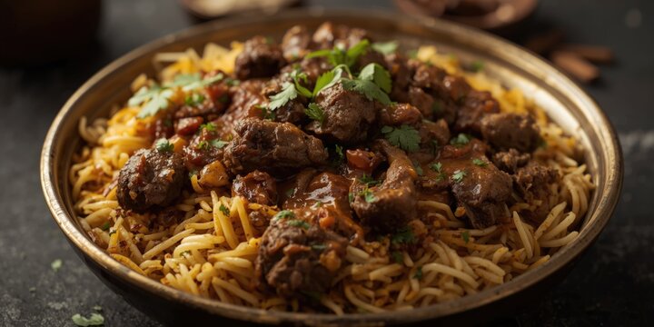 Traditional slow cooked mutton biryani with marinated lamb and a complex Indian spice mix