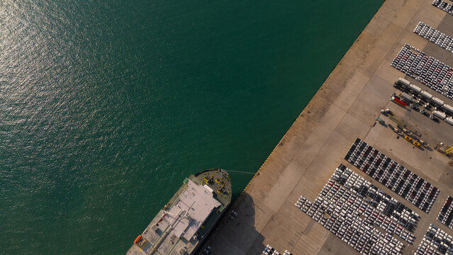 Aerial view from a container drone. Container ships in export-import and logistics business Transporting goods to large ports Worldwide shipping and logistics business International business abroad