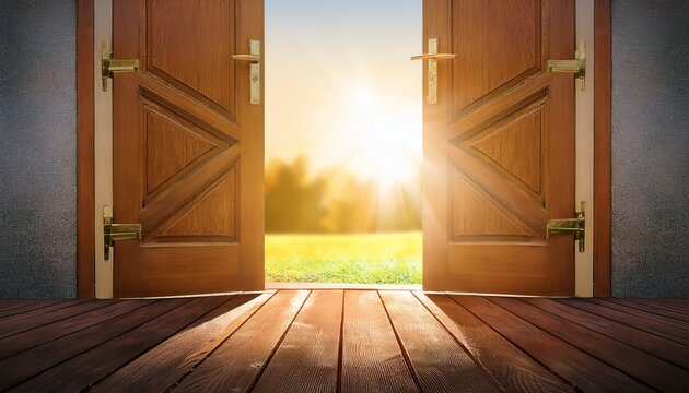 an open door leading to bright sunlight symbolizing opportunity hope and a new chapter in life