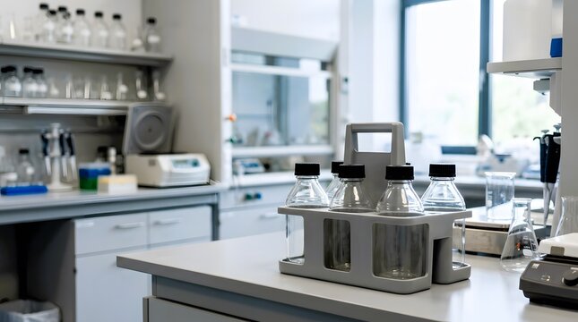 professional polypropylene laboratory bottle carrier holding identical blank reagent bottles for organized scientific sample transport and research workflows