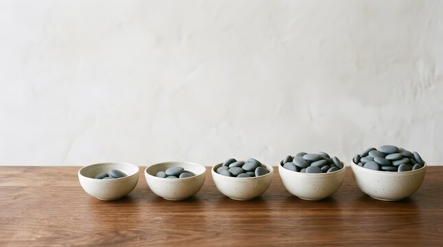 balanced resource allocation concept using ceramic bowls filled with increasing quantities of smooth stones representing investment growth financial planning and wealth distribution