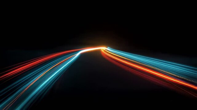 Dynamic Abstract Light Trails Moving Fast Through Dark Space Tunnel.