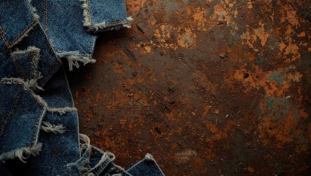 Macro detail of blue denim scraps laid on flaky rust background with copy space