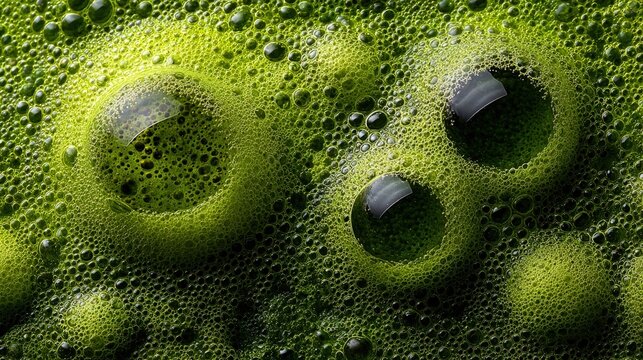 Macro view of green liquid bubbles and foam with vibrant textures and bright highlights
