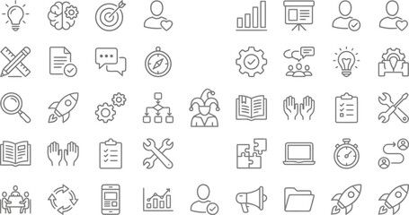 Business Strategy and Project Management Icon Set - Minimalist Vector Outlines for Brainstorming, Startup Launch, Workflow Chart, Teamwork, and Corporate Growth © MS Studio1