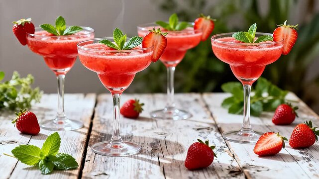 Strawberry cocktails on wooden table