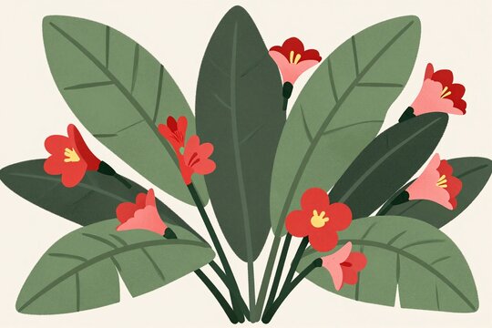 A bunch of tropical leaves and flowers on a beige background