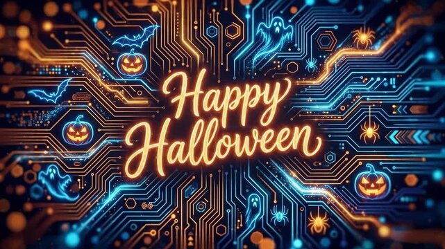 Neon happy halloween text integrated with circuit board patterns. Glowing orange and blue halloween symbols including pumpkins bats ghosts
