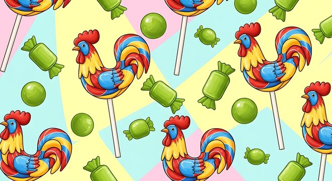 Colorful Rooster Lollipops and Green Candy Arranged on Pastel Pattern Background