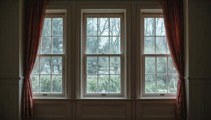 Fototapeta premium Three windows with red curtains overlooking a rainy garden