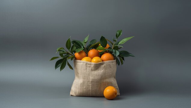 Zero waste and sustainability theme with a gray background and a bag holding oranges and lemons