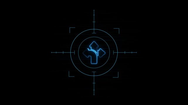 Neon glowing three way arrows direction icon inside target scope hud interface on black background.