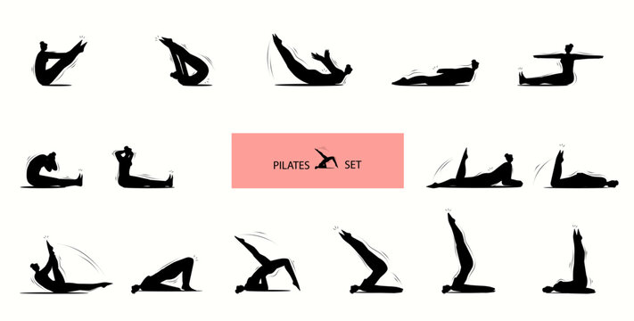 Pilates exercises. Workout movements. A workshop with a set of workout movements. Vector illustration.