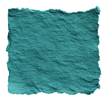 Textured, turquoise handmade paper with torn edges, isolated on black background