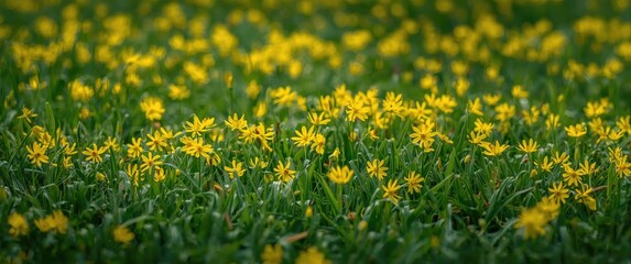 Obraz premium Field of small yellow flowers growing in green grass