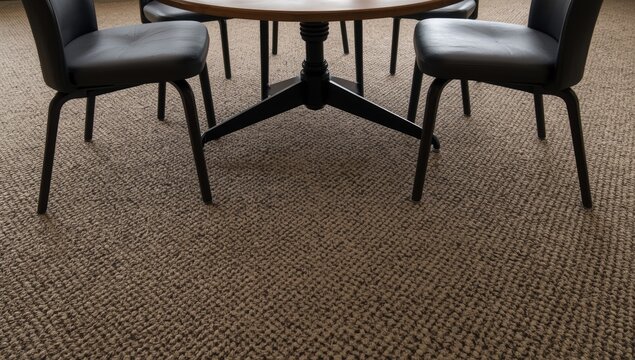 Practical room setting exhibiting a table and chairs on textured light brown carpet