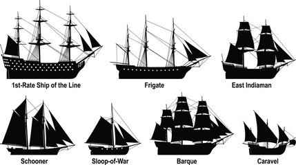Set of historical sailing ship silhouettes including frigate schooner caravel barque and first rate ship of the line © Rebiey
