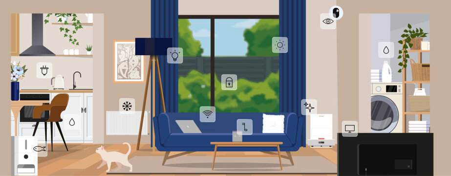 Smart home system with automation devices, lighting, security systems, CCTV camera, vacuum cleaner, and cat feeder. Vector illustration.