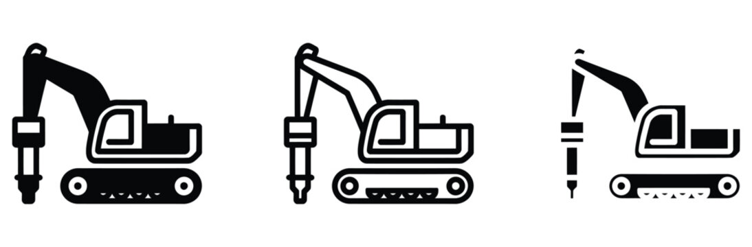 WebExcavator with hydraulic breaker hammer icon set. Heavy construction machinery, tracked drilling rig vehicle, demolition equipment, and pile driver industry vector illustration.