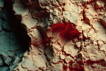 Fototapeta premium Cracked surface, reddish glow emanates from center. Texture suggests arid landscape, possibly volcanic origin. Dramatic lighting creates contrast.