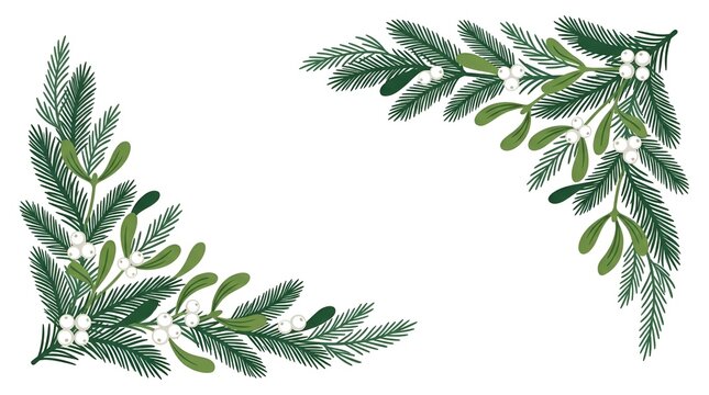 Christmas corner frame with pine branches and white mistletoe berries for winter design
