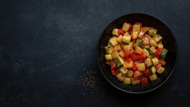 Overhead perspective of Asian mixed fruit and vegetable rojak in dark serving bowl