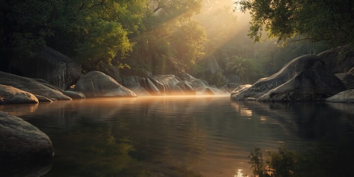 Still river environment showing substantial stones and dense flora capturing the Jurassic period&acirc;&euro;&trade;s ancient vibe at sunrise