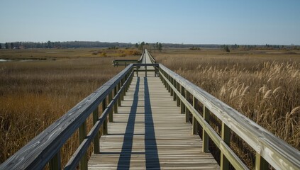 Obraz premium Wooden boardwalk stretching through marshland under clear blue sky
