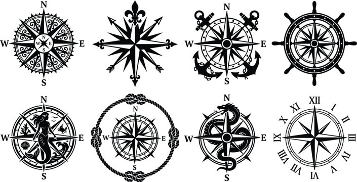 Set of vintage nautical compass rose silhouettes including marine elements anchors rope helm sea monster mermaid and roman numerals