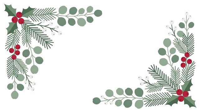 Christmas corner frame with pine branches and red holly berries illustration