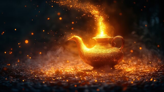 Mystical golden lamp glowing with magic and light in a dark fantasy setting.