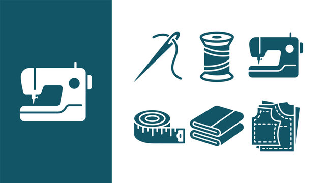 Sewing tools icons set: needle with thread, spool of thread, sewing machine, measuring tape, fabric swatches and folded fabric. Vector EPS 10.