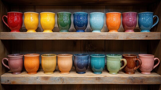 Vibrant handmade pottery mugs and tumblers displayed on rustic wooden shelves.