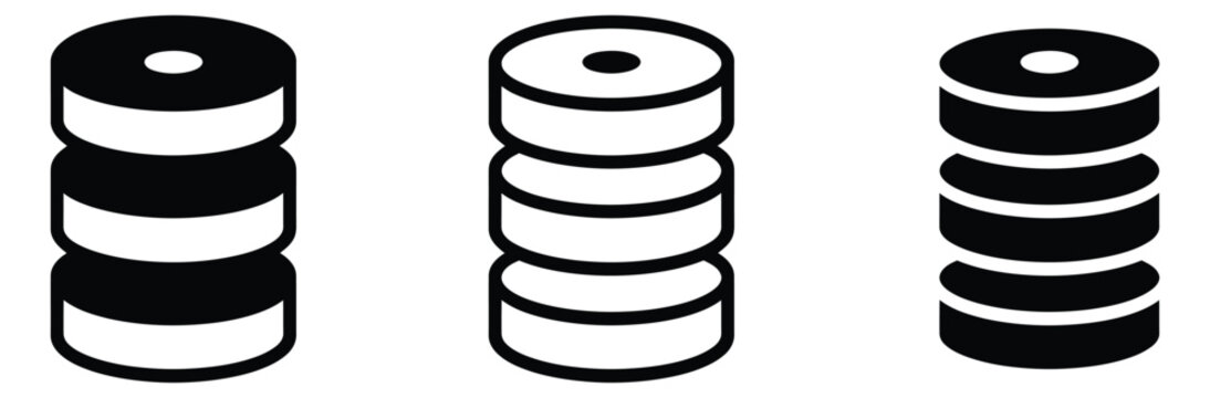 WebDatabase icon vector set. Computer data storage cylinder symbol, network server stack sign. Digital information center, cloud repository flat outline vector illustration.
