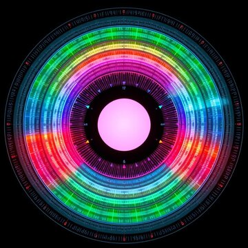 Circular radial interface with data rings on grid, radar chart, dashboard