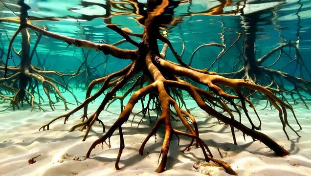 Underwater scene of a large tree root system on the ocean floor