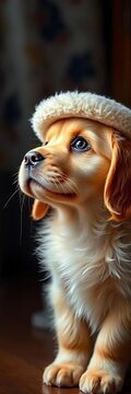 Adorable golden retriever puppy with foamy crown gazing up at something, joyful expression, playful eyes