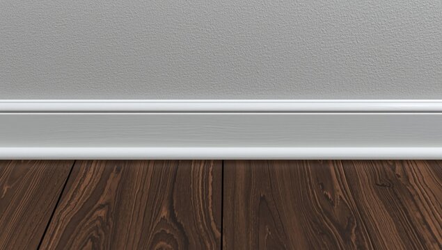 High detail of white plastic baseboard on dark stained wood flooring