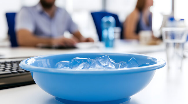 Blaue Sch&uuml;ssel mit Eiswasser auf Schreibtisch, unscharfe B&uuml;romitarbeiter im Hintergrund. Sommerliche Hitze oder defekte Klimaanlage.