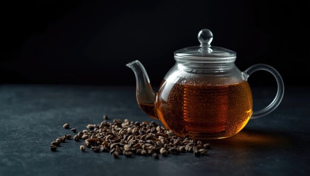 Glass teapot with brewed tea and coffee beans on a table